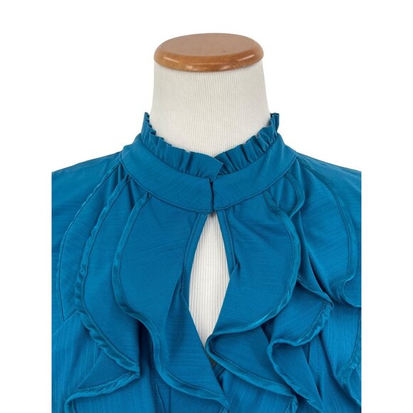 Urban Hearts Unique Teal Ruffled & Keyhole Mock Neck Short Sleeve Blouse - Picture 2 of 14